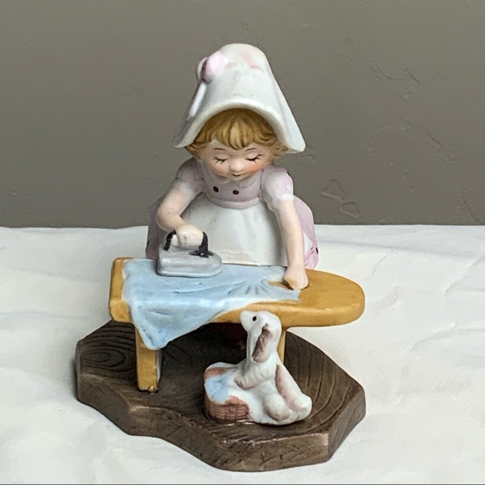 Vintage Homco? Porcelain Girl Ironing w Dog